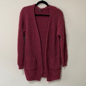 Annabelle Chunky Textured Long Sleeve Cardigan Sweater Deep Red Burgundy S/M